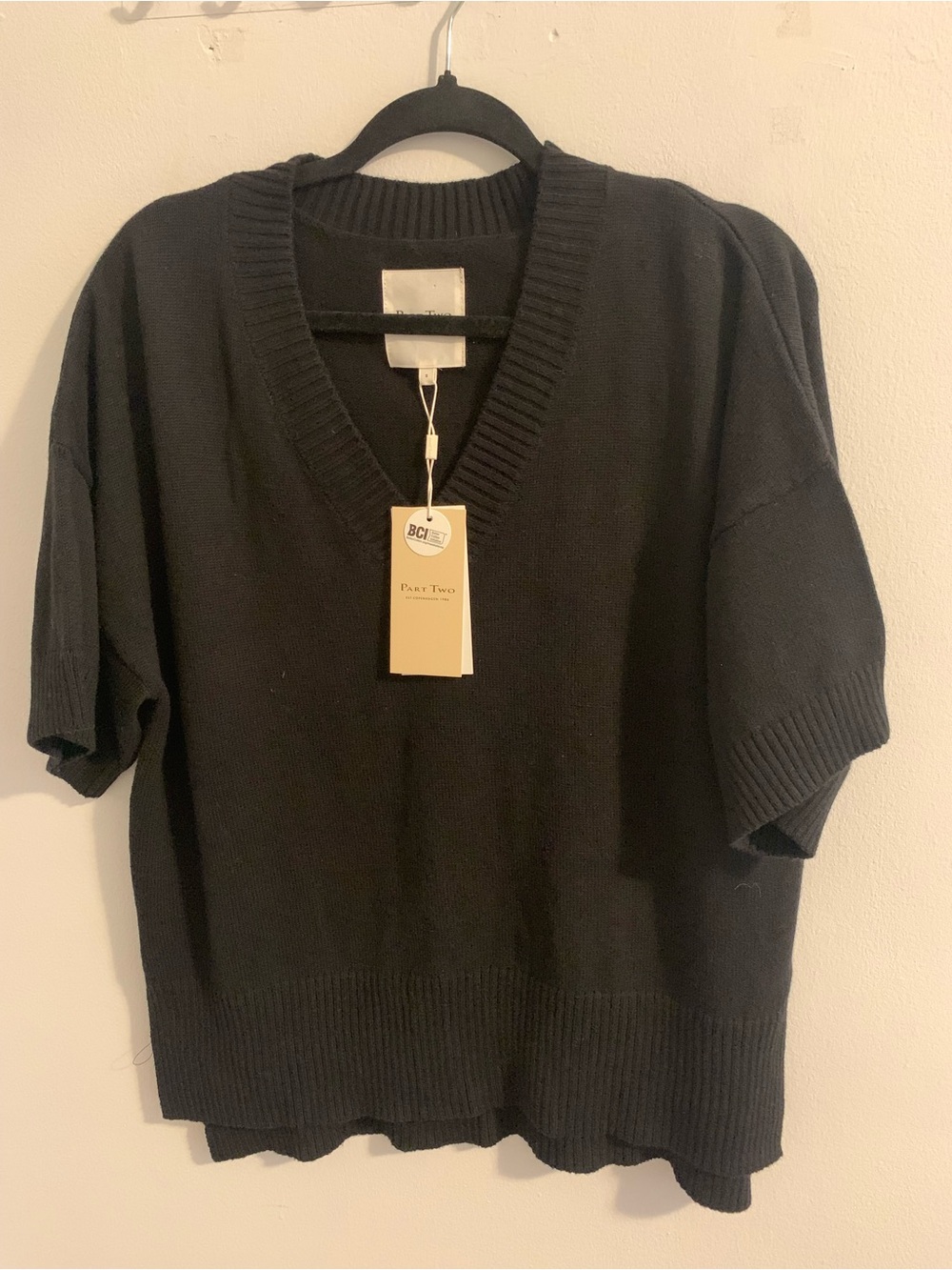 Black V-Neck Short Sleeve Sweater by Part Two made from 90% cotton and Cashmere